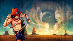 Rule 34 | 1boy, alabasta, hat, highres, jewelry, male focus, necklace, one piece, portgas d. ace, running, sand, topless male, smile