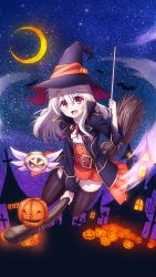 Rule 34 | 1girl, :d, absurdres, bat (animal), black thighhighs, blouse, blue jacket, broom, broom riding, crescent moon, dress shirt, fate/kaleid liner prisma illya, fate (series), floating hair, full body, game cg, hair between eyes, halloween, halloween costume, highres, illyasviel von einzbern, jack-o&#039;-lantern, jacket, long hair, long sleeves, looking at viewer, magical ruby, miniskirt, moon, neck ribbon, official art, open clothes, open jacket, open mouth, orange skirt, outdoors, pleated skirt, popped collar, pumpkin, red eyes, red ribbon, ribbon, shirt, silver hair, skirt, sky, smile, solo, star (sky), star (symbol), starry sky, thighhighs, white shirt, witch