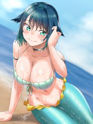 Rule 34 | 1girl, awono nanaumi, beach, blue hair, blue sky, blush, breasts, choker, cleavage, closed mouth, collarbone, commentary request, fukami nana (awono nanaumi), green eyes, hair between eyes, hair flaps, hand on own head, highres, large breasts, looking at viewer, mermaid, monster girl, navel, ocean, original, outdoors, shiny skin, short hair, signature, sky, smile, solo, sparkle, water, wet