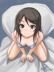 Rule 34 | 10s, 1girl, arm support, artist name, bad id, bad twitter id, bed sheet, blue bra, bra, brown eyes, brown hair, closed mouth, from above, full body, girls und panzer, haruhata mutsuki, looking at viewer, looking up, mika (girls und panzer), no headwear, on bed, signature, sitting, smile, solo, twitter username, underwear, underwear only, wariza