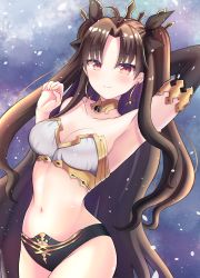 Rule 34 | 1girl, absurdres, arm behind head, arm up, armlet, asymmetrical sleeves, bare shoulders, bikini, black bikini, black bow, blush, bow, breasts, brown hair, cleavage, closed mouth, collarbone, detached collar, detached sleeves, earrings, fate/grand order, fate (series), hair bow, highres, hoop earrings, ishtar (fate), jewelry, long hair, looking at viewer, medium breasts, navel, neck ring, parted bangs, red eyes, ripi ur, single detached sleeve, smile, solo, swimsuit, tiara, two side up, uneven sleeves, white bikini