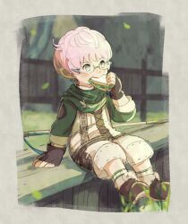 Rule 34 | 1boy, black gloves, blue eyes, earrings, eating, final fantasy, final fantasy xiv, fingerless gloves, food, gloves, green scarf, holding, holding food, jewelry, lalafell, male focus, nomu poncha, outdoors, pink hair, sandwich, scarf, short hair, sitting, solo, warrior of light (ff14)