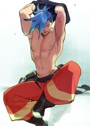 Rule 34 | 1boy, armpit hair, armpits, black gloves, blue hair, boots, galo thymos, gloves, groin, male focus, navel, nigorokke, pants, parted lips, promare, simple background, sitting, smile, solo, spiked hair, stretching, sweat, toned, toned male, topless male, undressing, white background