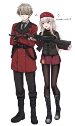 Rule 34 | 1boy, 1girl, absurdres, ak-74m, ak74m (girls&#039; frontline), assault rifle, beret, black footwear, black jacket, black neckwear, black pants, black pantyhose, blonde hair, blush, boots, brown eyes, commander (girls&#039; frontline), crossed arms, girls&#039; frontline, grey shirt, griffin &amp; kryuger military uniform, gun, hair ornament, hat, hat ornament, highres, holding, holding weapon, jacket, kalashnikov rifle, long hair, looking at another, necktie, open mouth, original, pants, pantyhose, purple eyes, red headwear, red jacket, red skirt, red star, rifle, shirt, short hair, skirt, snowflake hair ornament, standing, star (symbol), star hat ornament, translation request, uniform, weapon, white background, yakob labo