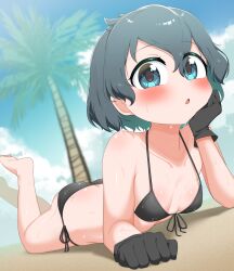 Rule 34 | 1girl, absurdres, bikini, black bikini, black gloves, black hair, blue eyes, blue sky, breasts, chis (js60216), cloud, day, dutch angle, front-tie bikini top, front-tie top, gloves, highres, kaban (kemono friends), kemono friends, looking at viewer, lying, on stomach, outdoors, palm tree, short hair, side-tie bikini bottom, sky, small breasts, solo, swimsuit, tree