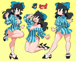 Rule 34 | 1girl, bare legs, black eyes, black footwear, black hair, black nails, blue bow, blue shirt, bow, breasts, cleavage, hair bow, hand up, high heels, highres, kneeling, leg up, long hair, lucia (scott malin), medium breasts, multiple views, no bra, off shoulder, open mouth, original, parted lips, partially unbuttoned, scott malin, shadow, shirt, simple background, standing, standing on one leg, striped clothes, striped shirt, yellow background