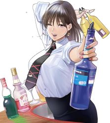Rule 34 | 1girl, :d, alcohol, arm behind head, black neckwear, black skirt, blush, bottle, breasts, brown hair, collared shirt, commentary request, counter, earrings, hayakawa pao, holding, holding bottle, jewelry, large breasts, long hair, looking at viewer, nail polish, one eye closed, open mouth, original, pencil skirt, pink eyes, pink nails, shirt, skirt, sleeves rolled up, smile, solo