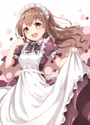 Rule 34 | 1girl, apron, black ribbon, blush, bow, breasts, brown dress, brown eyes, brown hair, dot nose, dress, hands up, idolmaster, idolmaster cinderella girls, idolmaster cinderella girls starlight stage, kuresuku (lessons), long hair, looking at viewer, maid apron, maid headdress, medium breasts, neck ribbon, one side up, open mouth, ribbon, shimamura uzuki, short sleeves, skirt hold, smile, solo, teeth, two-tone background, upper teeth only, waist bow, white apron, white bow