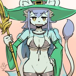 Rule 34 | 1girl, bikini, black bikini, breasts, cat, female focus, furry, furry female, gradient background, hat, long hair, looking at viewer, navel, open mouth, purple hair, solo, swimsuit, the amboina, witch hat, yellow eyes