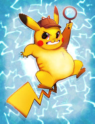 Rule 34 | blue background, blush stickers, commentary, creature, creatures (company), detective pikachu, detective pikachu (character), detective pikachu (movie), electricity, english commentary, game freak, gen 1 pokemon, grin, hat, holding, holding magnifying glass, looking at viewer, magnifying glass, nintendo, no humans, pikachu, pokemon, pokemon (creature), smile, solo, vaporotem