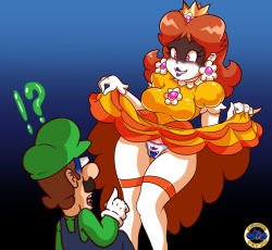Rule 34 | 1boy, 1girl, breasts, brown hair, clothes lift, crown, dress, dress lift, earrings, evil grin, evil smile, facial hair, floating, flower earrings, ghost, gloves, grin, hat, jewelry, king boo, legs, lipstick, luigi, luigi&#039;s mansion, makeup, mario (series), mustache, nervous, nintendo, open mouth, orange dress, panties, pointing, possessed, princess daisy, puffy short sleeves, puffy sleeves, purple eyes, shining-tatsu, short sleeves, smile, super mario land, surprised, thigh gap, thighhighs, underwear, upskirt