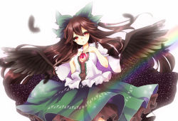 Rule 34 | 1girl, black feathers, black wings, blush, bow, brown hair, cape, chestnut mouth, cowboy shot, feathers, glowing, green skirt, hair between eyes, hair bow, hands on own chest, head tilt, long hair, looking at viewer, otsu (pixiv15748356), rainbow, red eyes, reiuji utsuho, skirt, solo, space, third eye, touhou, very long hair, wings