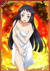 Rule 34 | 1girl, ashiya douman (ikkitousen), ass, bare legs, bare shoulders, blush, breasts, card (medium), covering privates, covering breasts, curvy, embarrassed, ikkitousen, long hair, naked towel, official art, open mouth, shiny clothes, shiny skin, solo, standing, sweat, towel, very long hair, wet, wet clothes, wide hips, yellow eyes