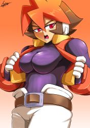 Rule 34 | 10s, 1girl, 2017, absurdres, atlas (mega man), belt, bodystocking, bodysuit, bodysuit under clothes, breasts, brown hair, capcom, cropped jacket, dated, gradient background, hair between eyes, highres, inti creates, jacket, large breasts, looking to the side, mega man (series), mega man zx, mega man zx advent, multicolored hair, open clothes, open jacket, orange background, orange hair, pants, red eyes, short hair, shoutaro saito, sidelocks, signature, simple background, skin tight, sleeveless, sleeveless jacket, tight clothes, two-tone hair, white pants