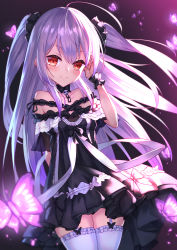Rule 34 | 1girl, absurdres, animal, bare shoulders, black dress, blurry, blurry foreground, blush, bug, butterfly, closed mouth, commentary request, depth of field, dress, frilled thighhighs, frills, garter straps, hair between eyes, hand up, highres, hololive, insect, long hair, masaki (msk064), off-shoulder dress, off shoulder, red eyes, silver hair, smile, solo, thighhighs, two side up, uruha rushia, uruha rushia (3rd costume), very long hair, virtual youtuber, white thighhighs, wrist cuffs