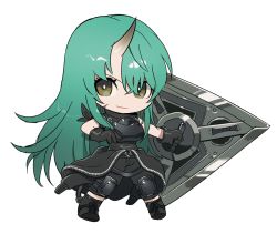 Rule 34 | 1girl, aoki (fumomo), arknights, arm ribbon, armor, black footwear, black gloves, black pants, breastplate, chibi, closed mouth, collared shirt, commentary request, gloves, green eyes, green hair, hair between eyes, highres, holding, holding shield, horns, hoshiguma (arknights), knee pads, oni, pants, ribbon, shield, shirt, shoelaces, short sleeves, simple background, skin-covered horns, smile, solo, white background