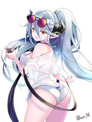 Rule 34 | 1girl, ass, back, bare shoulders, blue hair, blush, breasts, bubble tea, cup, draph, drinking straw, eyewear on head, flower, granblue fantasy, hair between eyes, hair flower, hair ornament, highres, holding, holding cup, horns, izmir, izmir (summer) (granblue fantasy), large breasts, long hair, looking at viewer, looking back, mole, mole under mouth, nino (shira), one-piece swimsuit, open mouth, pointy ears, ponytail, red eyes, simple background, smile, solo, sunglasses, swimsuit, thighs, very long hair, white background, white one-piece swimsuit