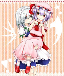 Rule 34 | 2girls, apron, arms up, ascot, bad id, bad pixiv id, bat wings, blouse, bow, braid, carrying, dress shirt, female focus, frills, frown, grey eyes, hair bow, hand on shoulder, hand on thigh, hat, hat ribbon, heart, izayoi sakuya, kneehighs, knife, light purple hair, light smile, looking at another, maid headdress, multiple girls, princess carry, puffy sleeves, red eyes, remilia scarlet, ribbon, scarlet 0915, shirt, shoes, short hair, short sleeves, silver hair, single braid, skirt, socks, standing, star (symbol), striped, striped background, touhou, vest, white legwear, wings