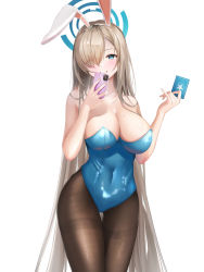 Rule 34 | 1girl, absurdly long hair, animal ears, asuna (blue archive), asuna (bunny) (blue archive), blonde hair, blue archive, blue eyes, blue leotard, breasts, brown pantyhose, card, cellphone, cleavage, fake animal ears, grin, halo, highres, holding, holding card, holding phone, large breasts, leotard, long hair, mole, mole on breast, official alternate costume, pantyhose, phone, playboy bunny, rabbit ears, raurashun, selfie, simple background, smartphone, smile, solo, straight hair, thigh gap, thighband pantyhose, very long hair, white background