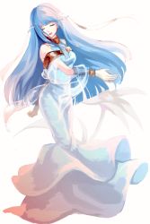Rule 34 | 1girl, bare shoulders, blue hair, cape, dress, closed eyes, fire emblem, fire emblem: the blazing blade, hair ornament, highres, long hair, ninian, nintendo, red eyes, smile, solo