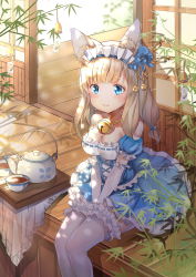 Rule 34 | 1girl, absurdres, alternate costume, animal ear fluff, animal ears, arm warmers, azur lane, bamboo, bell, between legs, blonde hair, blue eyes, blush, breasts, cleavage, collar, cup, dappled sunlight, fox ears, frilled thighhighs, frills, gothic lolita, hair bell, hair ornament, hand between legs, highres, legs together, lolita fashion, looking at viewer, maid headdress, medium breasts, medium hair, neck bell, nervous smile, niizuki (azur lane), outdoors, shio (shiofeifei), shouji, sitting, sliding doors, smile, solo, sunlight, teacup, teapot, thighhighs, tray, white thighhighs