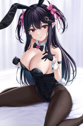 Rule 34 | 1girl, absurdres, animal ears, arm strap, bare shoulders, black gloves, black hair, black hairband, black leotard, bow, bowtie, breasts, brown pantyhose, cleavage, commission, detached collar, fake animal ears, fake tail, gloves, hair ribbon, hairband, highres, large breasts, leotard, long hair, looking at viewer, original, pantyhose, parted lips, playboy bunny, pointy ears, rabbit ears, rabbit tail, rama (yu-light8), red eyes, ribbon, sitting, skeb commission, solo, strapless, strapless leotard, tail, thighs, two side up, vroid, wariza, wrist cuffs