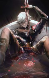 Rule 34 | 1boy, arm armor, arm on thigh, barcode, barcode tattoo, bathtub, blood, blood on hands, braid, flower, green hair, hair between eyes, hand up, highres, in water, light rays, long hair, looking at viewer, lying, mecha, mechanical arms, mechanical legs, mechanical parts, monochrome, niarss, on back, petals, petals on liquid, punishing: gray raven, robot, roland (punishing: gray raven), rose, rose petals, smirk, solo, tattoo, twitter username, water drop, watermark, yellow eyes