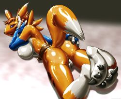 Rule 34 | 1girl, ass, barefoot, breasts, digimon, digimon (creature), feet, furry, furry female, kemono inukai, large breasts, latex, looking at viewer, looking back, pussy, renamon, soles, solo, source request, tail, wet