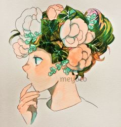 Rule 34 | 1girl, artist name, bad id, bad instagram id, blue eyes, flower, green hair, hand to own mouth, leaf, meyoco, multicolored hair, orange hair, original, photo (medium), pink flower, profile, simple background, solo, traditional media, white background, white flower