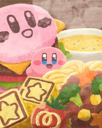 Rule 34 | :d, blue eyes, blush stickers, broccoli, burger, food, highres, kirby, kirby (series), looking at viewer, maxim tomato, miclot, nintendo, open mouth, pasta, smile, soup, spaghetti, steam