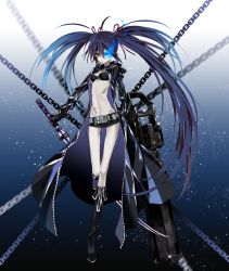 Rule 34 | 10s, 1girl, arm cannon, belt, bikini, bikini top only, black footwear, black gloves, black hair, black rock shooter, black rock shooter (character), black shorts, blue eyes, blue hair, blurry, boots, breasts, buckle, chain, choker, closed mouth, coat, dual wielding, full body, gloves, glowing, glowing eye, gradient background, groin, hair between eyes, hair ribbon, holding, katana, knee boots, lens flare, long hair, long sleeves, looking at viewer, matching hair/eyes, midriff, pale skin, ribbon, sapphire (nine), scar, shorts, small breasts, solo, swimsuit, sword, twintails, underboob, uneven twintails, very long hair, weapon