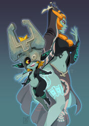 Rule 34 | 2girls, aaron schmit, absurdres, belly, blue background, breasts, cape, colored sclera, colored skin, doppelganger, fingernails, floating, gradient background, grey skin, helmet, highres, large breasts, lips, lipstick, looking to the side, makeup, midna, midna (true), multiple girls, nails, navel, nintendo, nun, one eye covered, orange hair, pointy ears, purple background, red eyes, serious, sharp fingernails, size difference, skirt, small breasts, smile, the legend of zelda, the legend of zelda: twilight princess, two tone skin, yellow sclera