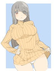 Rule 34 | 1girl, absurdres, bad id, bad twitter id, black hair, breasts, brown eyes, clothes lift, cowboy shot, donguri suzume, dress, dutch angle, eyes visible through hair, gluteal fold, hair over one eye, hand on own hip, highres, large breasts, long sleeves, original, panties, ribbed sweater, simple background, sketch, sleeves past wrists, solo, sweater, sweater dress, sweater lift, turtleneck, turtleneck sweater, underwear, white panties
