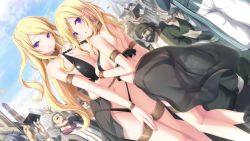 Rule 34 | 2girls, armlet, artist request, ass, beard, blonde hair, bracelet, breasts, character request, cleavage, cloud, copyright request, covering privates, covering crotch, criss-cross halter, crowd, day, earrings, faceless, faceless male, facial hair, game cg, halterneck, highres, jewelry, large breasts, looking at viewer, multiple boys, multiple girls, parted lips, purple eyes, see-through, sky, tagme