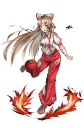 Rule 34 | 1girl, absurdres, bandaged arm, bandages, bow, fire, fujiwara no mokou, full body, hair bow, highres, long hair, looking at viewer, open mouth, pants, po (anhk5528), red eyes, shirt, simple background, smile, solo, suspenders, touhou, very long hair, white background, white shirt