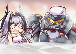 Rule 34 | 1boy, 1girl, armor, azur lane, commander (azur lane), commentary request, grey hair, hair intakes, horns, kursk (azur lane), kursk (lone wolf amid the steam) (azur lane), long hair, naked towel, official alternate costume, onsen, open mouth, power armor, senhayama (racoon), solid oval eyes, steam, sweatdrop, towel, towel on head, upper body, wavy mouth, white towel, you&#039;re doing it wrong