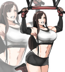 Rule 34 | 1girl, bar (place), bare shoulders, black skirt, breasts, clenched teeth, elbow pads, elbow sleeve, final fantasy, final fantasy vii, final fantasy vii remake, fingerless gloves, gloves, large breasts, long hair, low-tied long hair, midriff, muscular, muscular female, navel, pencil skirt, pullups, red gloves, shibusun, shirt, skirt, square enix, suspender skirt, suspenders, sweatdrop, tank top, taut clothes, taut shirt, teeth, thighs, tifa lockhart