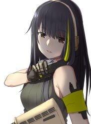 Rule 34 | 1girl, armband, assault rifle, bare shoulders, black gloves, black hair, commentary request, ear protection, from side, girls&#039; frontline, gloves, green armband, green eyes, gun, highres, holding, holding gun, holding weapon, long hair, lulu heika, m4 carbine, m4a1 (girls&#039; frontline), multicolored hair, open mouth, ribbed shirt, rifle, shirt, simple background, sleeveless, solo, streaked hair, upper body, weapon, white background, yellow armband