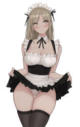 Rule 34 | 1girl, apron, arms at sides, blonde hair, breasts, cleavage, closed mouth, clothes lift, collarbone, detached collar, feet out of frame, groin, large breasts, long hair, maid apron, maid headdress, medium hair, nuker (nukerdraws), original, panties, sidelocks, simple background, skirt, skirt lift, sleeveless, solo, standing, thighhighs, thighs, underwear, white background, wide hips, yellow eyes