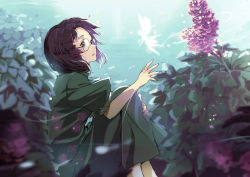 Rule 34 | 1girl, blue sky, brown hair, contest, day, dewitri, fairy, fantasy, flower, glasses, green skirt, hand up, highres, hugging own legs, looking to the side, original, outdoors, parted bangs, plant, short hair, short sleeves, silhouette, sitting, skirt, sky, solo