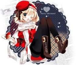 Rule 34 | 1girl, alice margatroid, alternate costume, bad id, bad twitter id, black pantyhose, blonde hair, blue eyes, blush, boots, bow, cake, christmas, cierra (ra-bit), coat, food, fork, gloves, hairband, hat, lolita hairband, long sleeves, looking at viewer, one eye closed, open mouth, pantyhose, plate, ra-bit, scarf, short hair, solo, text focus, touhou, wink, winter clothes