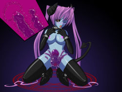 Rule 34 | 1girl, anal, blue skin, boots, breasts, censored, collar, colored skin, corruption, cross-section, demon girl, demon tail, elbow gloves, erection, futanari, gloves, horns, monster girl, nipples, orgasm, penis, pink hair, sex, slime, solo, tail, thigh boots, thighhighs, twintails, vaginal, x-ray, yellow eyes, yukito