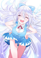 Rule 34 | 1girl, aged up, alternate breast size, alternate hair length, alternate hairstyle, bad id, bad pixiv id, barefoot, blue dress, blue hair, blue skirt, bow, breasts, cirno, cirno-nee, cleavage, cleavage cutout, clothing cutout, dress, closed eyes, hair bow, hands on own hips, happy, large breasts, leaning forward, long hair, open mouth, skirt, sleeves rolled up, snowflakes, solo, touhou, very long hair, yamada ranga