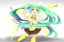 Rule 34 | 1girl, aqua hair, bad id, bad pixiv id, blue eyes, hatsune miku, highres, long hair, mayoz, navel, necktie, project diva (series), project diva 2nd, skirt, smile, solo, thighhighs, twintails, very long hair, vocaloid, yellow (vocaloid), zettai ryouiki