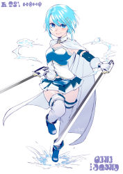 Rule 34 | 1girl, absurdres, ankle boots, armpit crease, arms at sides, artist name, belt, blue eyes, blue footwear, blue hair, blue skirt, blue theme, boots, breasts, cape, closed mouth, contrapposto, detached sleeves, eyelashes, floating hair, fortissimo, frills, full body, gloves, hair ornament, hairclip, highres, holding, holding sword, holding weapon, leg up, looking at viewer, madoka runes, mahou shoujo madoka magica, mahou shoujo madoka magica (anime), medium breasts, miki sayaka, musical note, musical note hair ornament, omizu chihiro, pleated skirt, short hair, simple background, skirt, smile, solo, standing, standing on liquid, standing on one leg, strapless, sword, tareme, thick thighs, thighhighs, thighs, v-shaped eyebrows, water, water drop, weapon, white background, white cape, white gloves, white thighhighs, zettai ryouiki