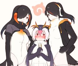 Rule 34 | 3girls, bird tail, black eyes, black hair, black jacket, blush, brown eyes, commentary, drawstring, embarrassed, emperor penguin (kemono friends), girl sandwich, hair between eyes, hair over one eye, hand on another&#039;s shoulder, headphones, highleg, highleg leotard, hood, hood down, hooded jacket, jacket, japari symbol, kemono friends, king penguin (kemono friends), leotard, long hair, multicolored hair, multiple girls, nose blush, open clothes, open jacket, orange hair, parted lips, penguin tail, pink hair, red eyes, royal penguin (kemono friends), sandwiched, seto (harunadragon), simple background, smile, streaked hair, sweatdrop, tail, turtleneck, twintails, twitter username, white background, white hair, white leotard, zipper
