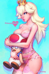 Rule 34 | 1boy, 1girl, artist name, blonde hair, blue eyes, breast rest, breasts, bustier, character name, cleavage, crown, dinmoney, drooling, earrings, garter belt, garter straps, gradient background, held up, jewelry, lace, lingerie, lips, long hair, mario (series), nintendo, o o, panties, parted lips, pink lips, princess peach, simple background, size difference, super mario bros. 1, thighhighs, toad (mario), underwear, underwear only