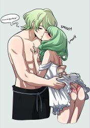 Rule 34 | 1boy, 1girl, artist name, ass, butt crack, byleth (fire emblem), byleth (male) (fire emblem), closed eyes, clothes lift, dress, dress lift, english text, fire emblem, fire emblem: three houses, flayn (fire emblem), from side, green hair, heart, heart panties, heart print, hetero, highres, jewelry, kinkymation, kiss, long hair, nintendo, panties, pink panties, print panties, ring, short hair, simple background, topless male, underwear