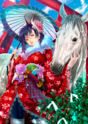 Rule 34 | 1girl, animal, blue hair, blue sky, brown eyes, cloud, commentary request, day, floral print, floral print kimono, flower, frills, fur-trimmed kimono, fur trim, hair flower, hair ornament, highres, holding, holding umbrella, horse, japanese clothes, katana, kimono, lace, lace-trimmed kimono, lace trim, long sleeves, looking at viewer, medium hair, new year, obi, oil-paper umbrella, open mouth, original, pandaraion (kanikani2950), red kimono, sash, sheath, sheathed, sky, sword, torii, umbrella, weapon, wide sleeves