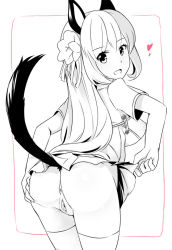 Rule 34 | 1girl, animal ears, breasts, clitoris, hair ornament, heart, legs, looking back, medium breasts, monochrome, naik, nipples, open mouth, pussy, simple background, tail, thighhighs, uncensored